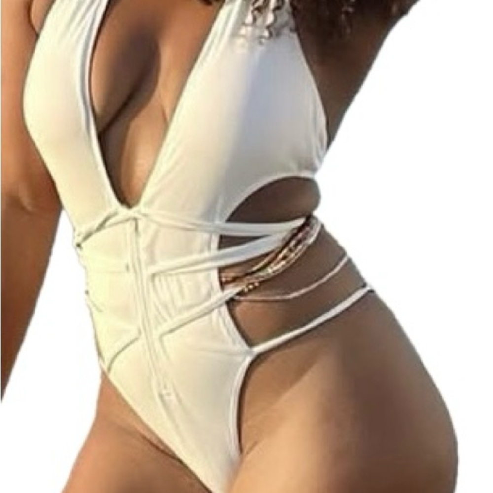 Plunge Halter Cutout One-Piece Swimsuit - Crème White